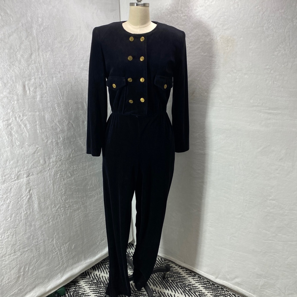VTG REINA Small Black Velour Double Breasted Gold Button‎ Jumpsuit